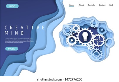 Creative mind vector website template, web page and landing page design for website and mobile site development. Paper cut human brain with gears and lightbulb. Brainstorm, brain power, new ideas.