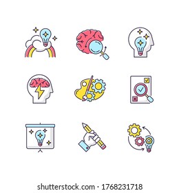 Creative mind workflow RGB color icons set. Inspiration for project development. Business presentation of smart solution. Brainstorming for new idea. Creative writing. Isolated vector illustrations