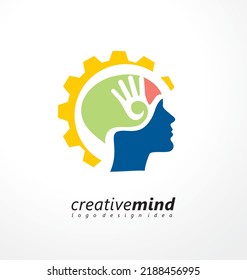Creative minds logo design concept with colorful human profile, hand silhouette and cogwheel shape. Vector symbol illustration.