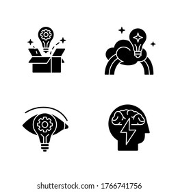 Creative mindset black glyph icons set on white space. Imagination of creative artist. New vision, innovative insight. Inspiration to work on project. Silhouette symbols. Vector isolated illustration