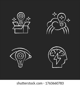 Creative mindset chalk white icons set on black background. Imagination of creative artist. New vision, innovative insight. Inspiration to work on project. Isolated vector chalkboard illustrations