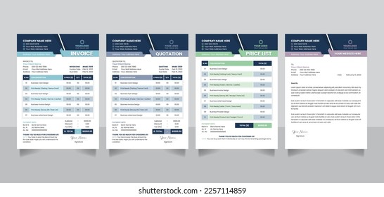 Design-Vorlagen für kreative Mindestangaben auf Geschäftsrechnungen mit Preisliste für Briefwechsel-Zahlungsvereinbarungen Vektorgrafik