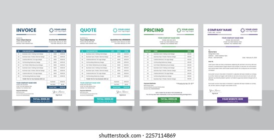 Creative minimal business invoice quotation pricelist letterhead money bill payment agreement design templates vector
