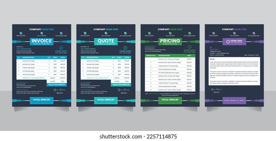 Creative minimal business invoice quotation pricelist letterhead money bill payment agreement design templates vector