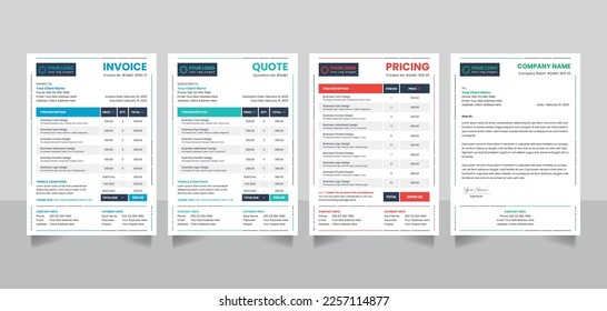 Design-Vorlagen für kreative Mindestangaben auf Geschäftsrechnungen mit Preisliste für Briefwechsel-Zahlungsvereinbarungen Vektorgrafik