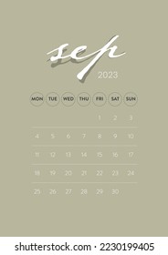 Creative minimal business monthly 2023 Calendar template vector. Desk wall calendar for print, digital calendar or planner. Week start on Monday. Simple modern annual calendar layout design. September