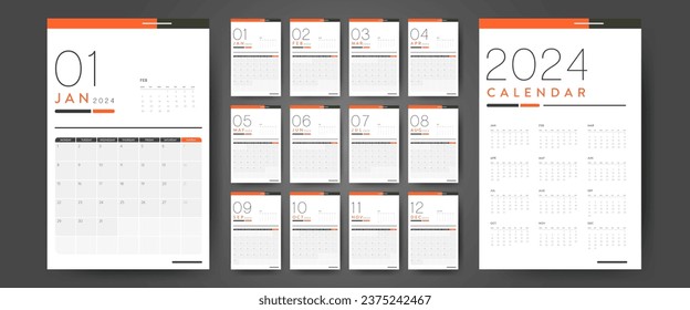 Creative minimal business monthly 2024 Calendar template vector. Desk, wall calendar for print, digital calendar or planner. Week start on Monday. Simple modern annual calendar layout design elements.