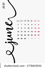 Creative Minimal Calendar 2021. Page 07 - June. Creative Desk, Wall, Office Calendar 2021. Diary Planner 2021. Personal Organizer Company Calendar 2021.