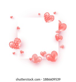 Creative minimal composition frame with many air pink sweet heart balloons decor on white background. Concept for Valentine Day.