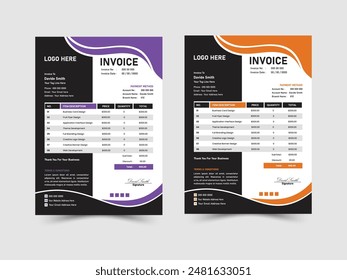 Creative Minimal Corporate Business Invoice design vector template. Business stationery design payment agreement design template. Set to print with vector and illustration.