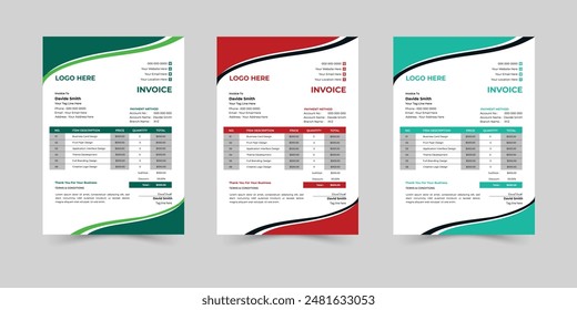 Creative Minimal Corporate Business Invoice design vector template. Business stationery design payment agreement design template. Set to print with vector and illustration.