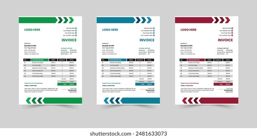 Creative Minimal Corporate Business Invoice design vector template. Business stationery design payment agreement design template. Set to print with vector and illustration.