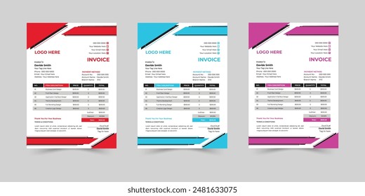 Creative Minimal Corporate Business Invoice design vector template. Business stationery design payment agreement design template. Set to print with vector and illustration.