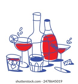 Creative minimal design. Abstract illustration featuring various drink glasses and bottles outlined against white background. Drink, party, celebration, alcohol concept. Line art. Vector illustration