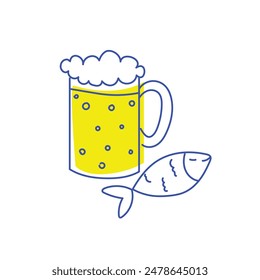 Diseño minimalista creativo. Taza de cerveza en estilo de dibujos animados con pescado. Aislado sobre fondo blanco. Combinando bebida y comida. Concepto de bebida, fiesta, celebración, alcohol. Ilustración vectorial de arte lineal.