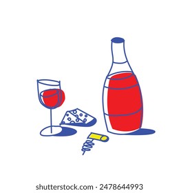 Creative minimal design. Best match. Bottle and glass of red wine with slice of cheese isolated on white background. Concept of drink, party, celebration, alcohol. Line art. Vector illustration.