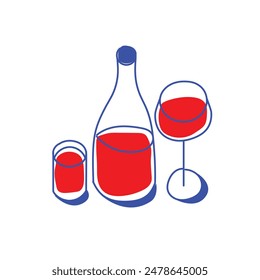 Creative minimal design. Bottle of wine and two glasses isolated on white background. Cheers. Concept of drink, party, celebration, alcohol. Line art. Vector illustration.