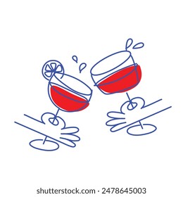 Diseño minimalista creativo. Salud. Vasos overlines con cócteles tintineando aislados sobre fondo blanco. Concepto de bebida, fiesta, celebración, alcohol. Ilustración vectorial de arte lineal.