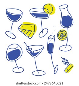 Diseño minimalista creativo. Colección de cristalería sobre fondo blanco, incluyendo champán, vino, cóctel y martini. Concepto de bebida, fiesta, celebración, alcohol. Ilustración vectorial de arte lineal.