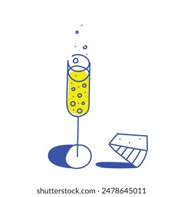 Creative minimal design. Glass of champagne flute with bubbles drink, champagne, wine and slice of cheese. White background. Drink, party, celebration, alcohol concept. Line art. Vector illustration