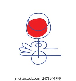 Creative minimal design. Glass of Red Wine isolated on white background. Relaxing and enjoying vibes. Concept of drink, party, celebration, alcohol. Line art. Vector illustration.