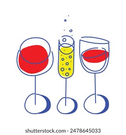 Creative minimal design. Line art drawing with three glasses filled with champagne and red wine isolated on white background. Concept of drink, party, celebration, alcohol. Vector illustration.