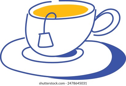 Creative minimal design. Minimalist illustration of teacup with tea bag, outlined against a white background. Concept of drink, party, celebration, alcohol. Line art. Vector illustration.