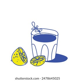 Diseño minimalista creativo. Refrescante cóctel con limón y limonada de cítricos aislados sobre fondo blanco. Concepto de bebida, fiesta, celebración, alcohol. Ilustración vectorial de arte lineal.