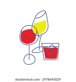 Creative minimal design. Set of glasses filled with white an red white, refreshing cocktail with ice isolated on white background. Concept of drink, party, alcohol. Line art. Vector illustration.