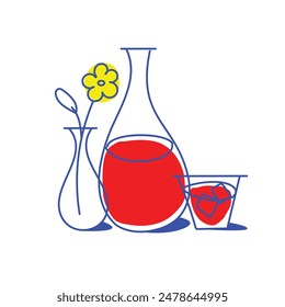 Diseño minimalista creativo. Un sorbo de verano. flor amarilla vibrante y un vaso lleno de un líquido rojo aislado sobre fondo blanco. Concepto de bebida, fiesta, alcohol. Ilustración vectorial de arte lineal.
