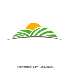 creative and minimal illustration of pasture, meadow, green field with sun rising above field in vector format.