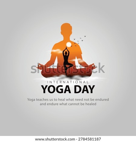 creative Minimal International Yoga Day poster design featuring a silhouette of a  meditating pose on a mountain peak under a glowing full moon. The artwork uses calming blue gradients, peaceful night scenery, and flying birds to symbolize mindfulness, meditation, balance, wellness, and inner peace. Elegant typography with an inspirational yoga quote creates a modern and serene wellness-themed background suitable for banners, social media posts, posters, and greeting abstract vector illuustration designs.