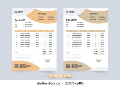Creative minimal invoice template decoration with abstract shapes and orange color shade. Print ready payment agreement and billing paper vector. Invoice bill template and price receipt for business.