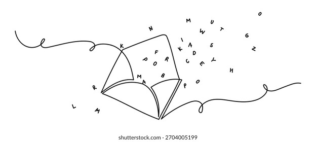 Arte de línea mínima creativa de un sobre con letras del alfabeto dispersas. Ideal para proyectos de comunicación, escritura o literarios.