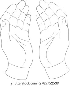 Creative minimal outline vector illustration of Islamic dua hands in praying position. Clean black line art design with modern minimalist style, perfect for Ramadan, Eid Mubarak, Islamic posters, greeting cards, social media posts, stickers, t-shirts, and religious-themed branding projects.