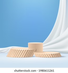Creative Minimal Podium with Fabric in pastle blue background. Beige Podium for Product Display, Presentation, Showcase. 3d Vector Render