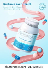 Creative minimal probiotics supplement ad template. 3d composition of white drug bottle and pink gut model with capsule and enzyme ball. Concept of healthy digestion.