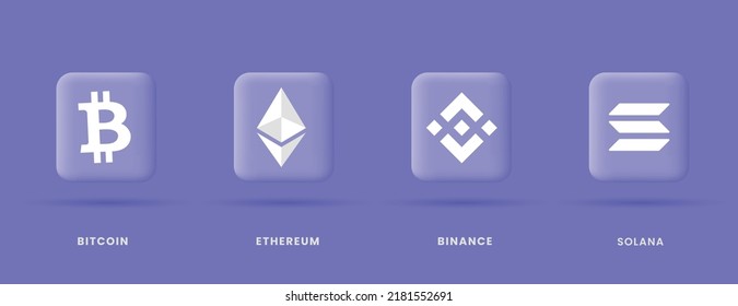 Creative minimal set off crypto currency logos isolated on blue background vector illustration. Bitcoin BTC, Ethereum ETH, Binance BNB and Solana SOL cryptocurrency symbols.