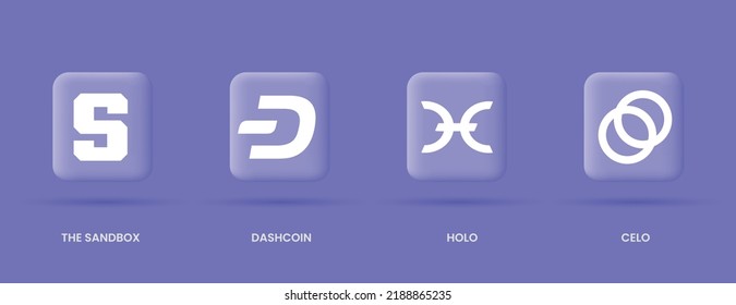Creative minimal set off crypto currency logos isolated on blue background vector illustration. The Sandbox SAND, DashCoin DASH, Holo HOT and CELO cryptocurrency symbols.