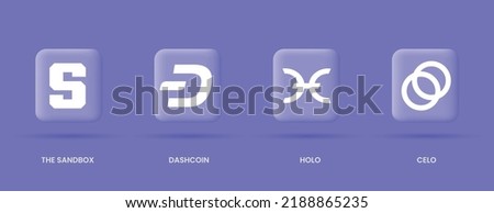 Creative minimal set off crypto currency logos isolated on blue background vector illustration. The Sandbox SAND, DashCoin DASH, Holo HOT and CELO cryptocurrency symbols.