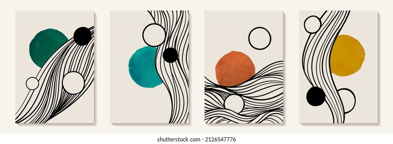 Creative minimalist Abstract art background with watercolor stain circle Shape and hand draw linear wave. Cosmic abstract background. Design for wall decoration, postcard, poster, brochure