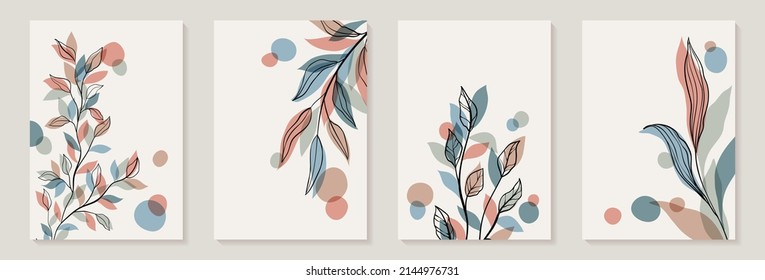 Mínimo creativo Resumen de fondo de arte con ramas de hojas y garrapatas de garganta Scribble plantas florales. Hoja abstracta. Diseño de pared, postal, póster o folleto
