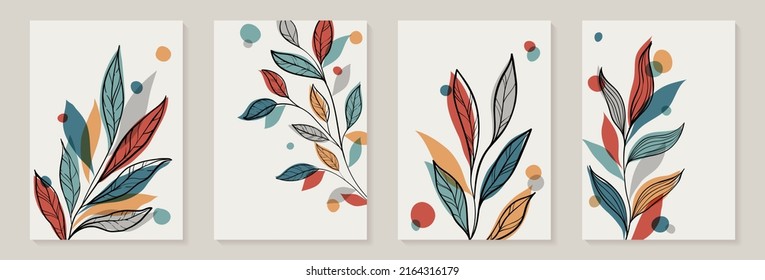 Creative minimalist Abstract art background with leaves branch and Hand Drawn doodle Scribble floral plants. Abstract leaf. Design wall decoration, postcard, poster or brochure