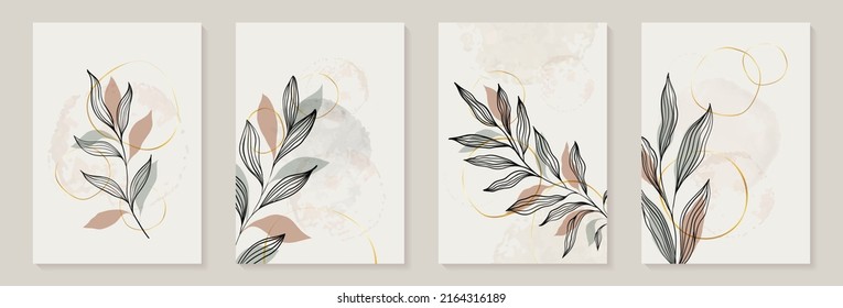 Creative Minimalist Abstract Art Background With Leaves Branch And Hand Drawn Doodle Scribble Floral Plants. Abstract Leaf. Design Wall Decoration, Postcard, Poster Or Brochure