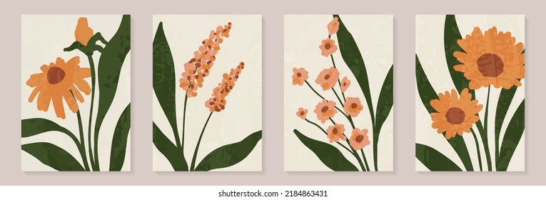  Mínimo creativo Resumen de fondo de arte con ramas de hojas y garrapatas de garganta Scribble plantas florales. Hoja abstracta. Diseño de pared, postal, póster o folleto