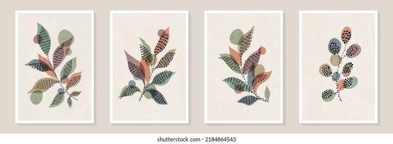 Creative minimalist Abstract art background with leaves branch and Hand Drawn doodle Scribble floral plants. Abstract leaf. Design wall decoration, postcard, poster or brochure