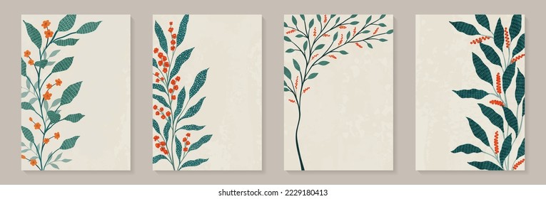 Mínimo creativo Resumen de fondo de arte con ramas de hojas y garrapatas de garganta Scribble plantas florales. Hoja abstracta. Diseño para la decoración de paredes, postales, carteles o folletos