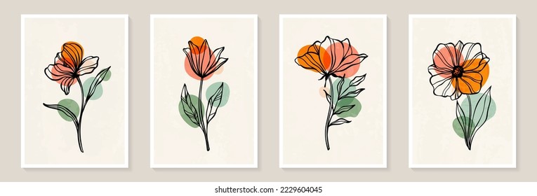 Creative minimalist Abstract art background with leaves branch and Hand Drawn doodle Scribble floral plants. Abstract leaf. Design wall decoration, postcard, poster or brochure