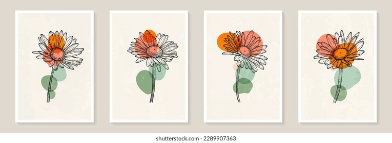 Creative minimalist Abstract art background with leaves branch and Hand Drawn doodle Scribble floral plants