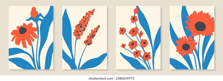 Creative minimalist Abstract art background with leaves branch and Hand Drawn doodle Scribble floral plants. Abstract leaf. Design wall decoration, postcard, poster or brochure